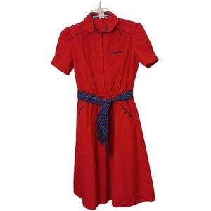 VTG Crisp Puff Sleeve ShirtDress Sz 12 Peter Pan Collar Red Blue Zip Front *L-52